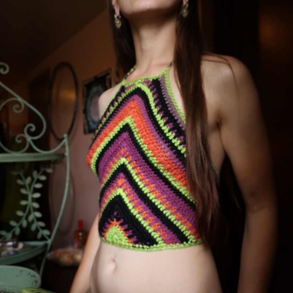 Neon crochet halter top green, orange, black, pink